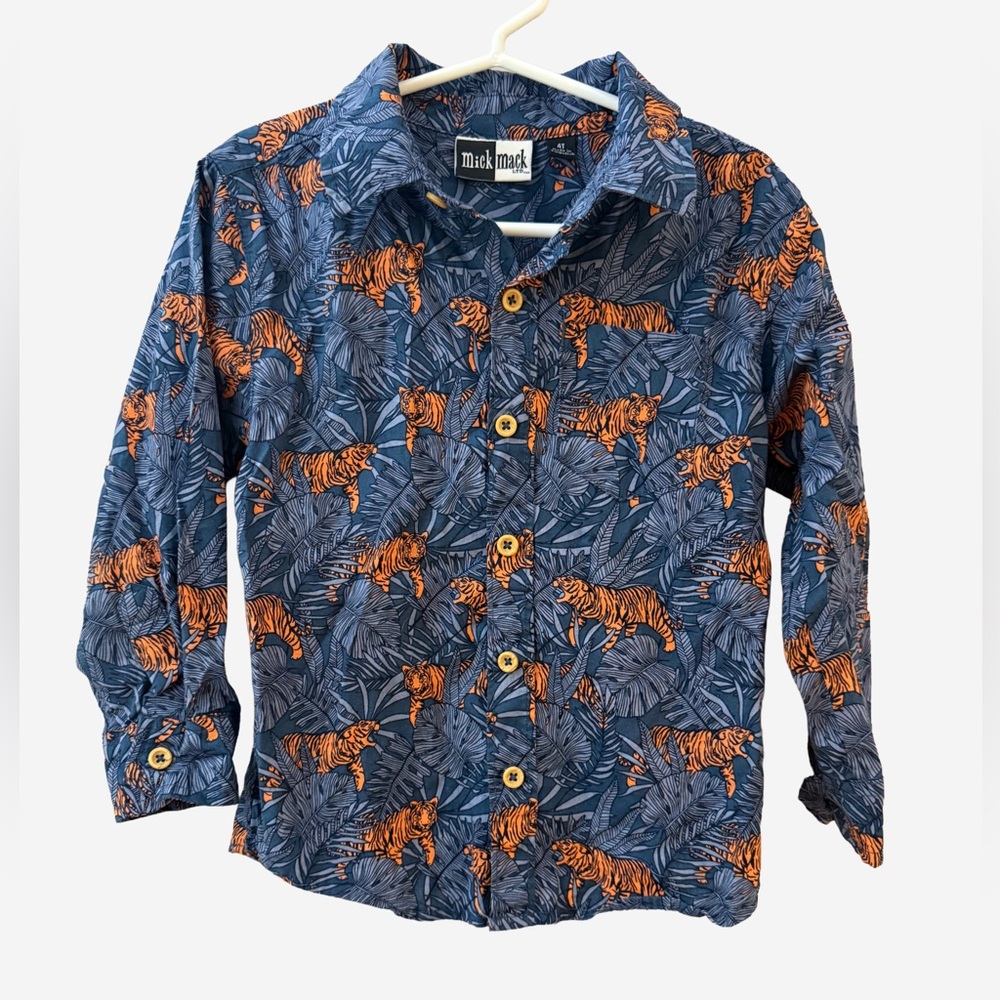 Kids Blue and Orange Tiger Print Button Down Collared Shirt